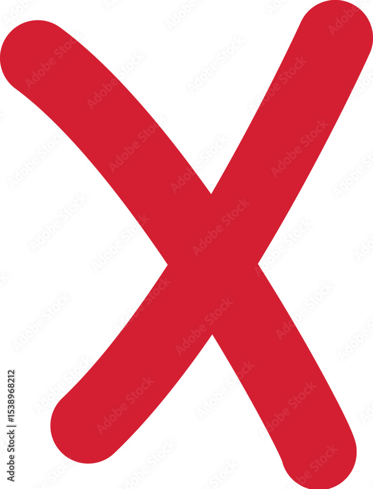 Big bold red X symbol icon with no background. Great for stop, error, delete, reject, or wrong user interface indicators.
Big bold red X symbol icon with no background. Great for stop, error, delete, reject, or wrong user interface indicators.