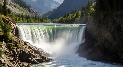 Powerful natural waterfall in a rocky canyon. Cascade creating mist and spray below. Concept of nature, energy, and wilderness travel.