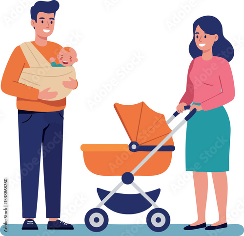 Happy young parents with baby stroller and infant in sling enjoying family time vector illustration 