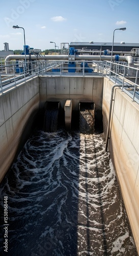 Water flowing into filtration vat at modern industrial wastewater treatment plant for environmental conservation.