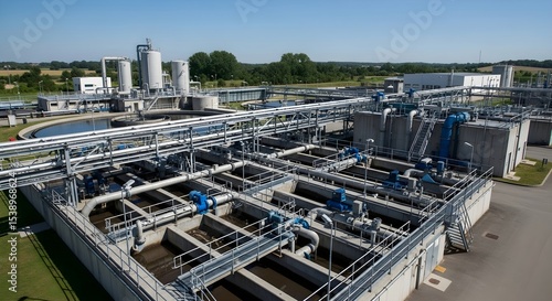 Aerial view of a modern wastewater treatment plant. Water purification facility for municipal and industrial use.