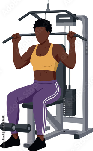 Woman using gym equipment for strength training workout in fitness center vector illustration 