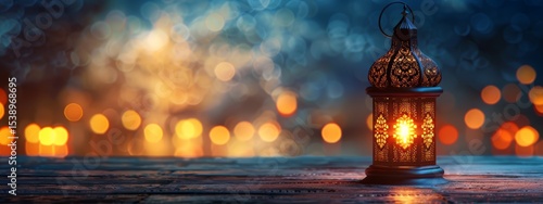 A vintage Moroccan lantern glows warmly on a rustic wooden table with bokeh lights in the background, evoking Ramadan nights
