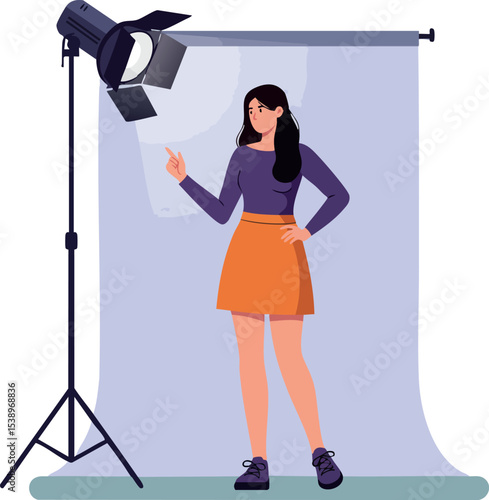 Woman posing in photography studio with spotlight and backdrop vector illustration 