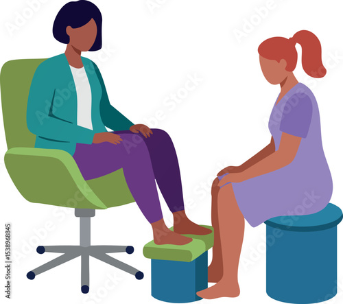 Pedicure session with professional technician and client in purple dress vector illustration 