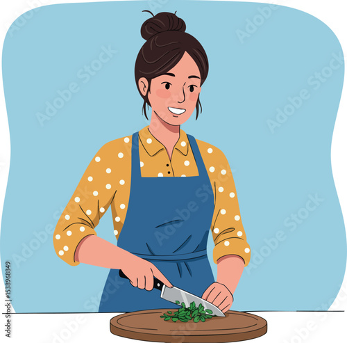 Woman chopping herbs in kitchen using knife and cutting board vector illustration 