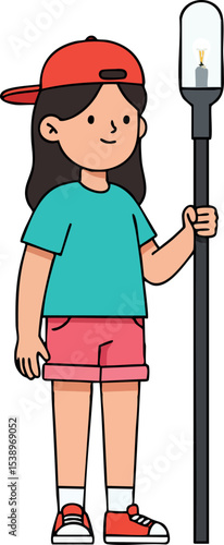 Girl holding tall lantern wearing red cap and casual summer clothing vector illustration 