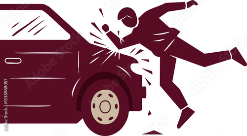 Man colliding with car front impact accident illustration vector in dark red and beige colors 