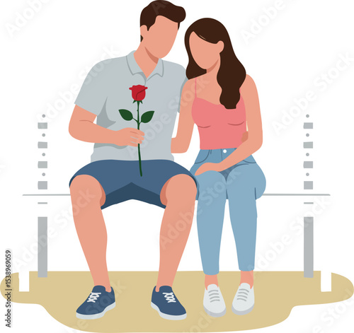 Couple sitting on bench with man giving red rose to woman romantic gesture vector illustration 