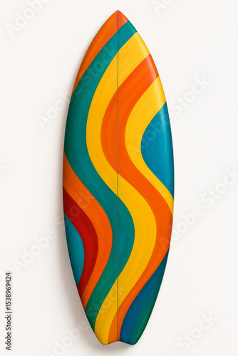 Colorful surfboard with retro striped design isolated on white background