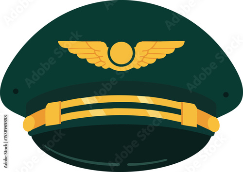 Pilot cap with golden wings and strap vector illustration in flat style 
