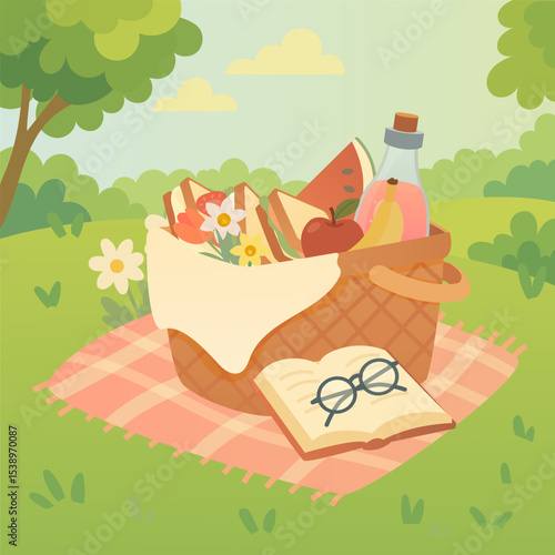 Vector Illustration of Picnic Basket with Sandwiches, Fruits, Juice and Flowers on Summer Meadow