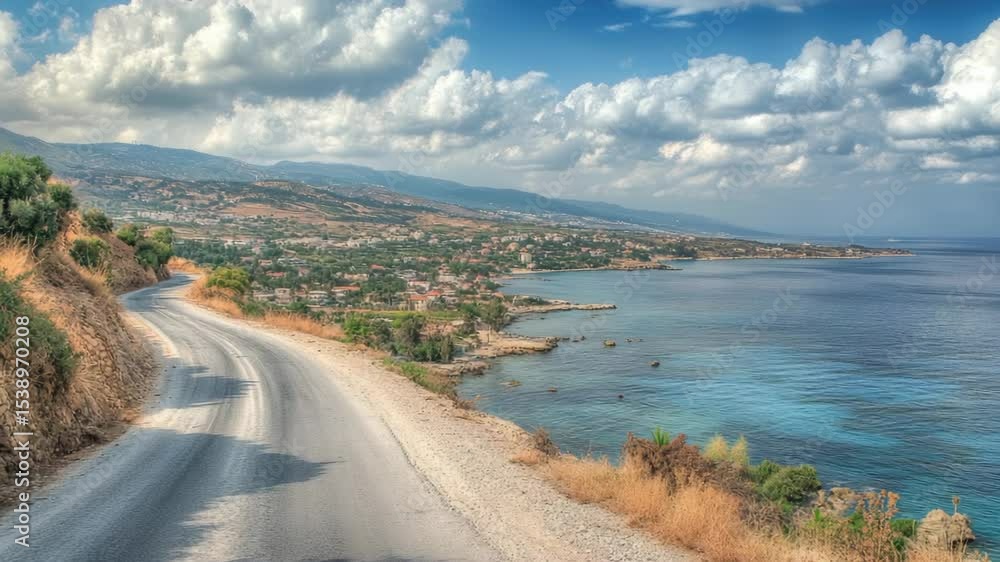 A scenic view of a road winding its way down a hill alongside a calm body of water A scenic view of a road winding its way down a hill alongside a calm body of water