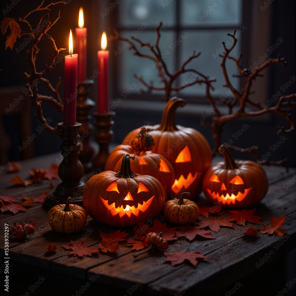 AI Generated Atmospheric Halloween Still Life with Glowing Jack-o'-Lanterns and Candlelight AI Generated Atmospheric Halloween Still Life with Glowing Jack-o'-Lanterns and Candlelight