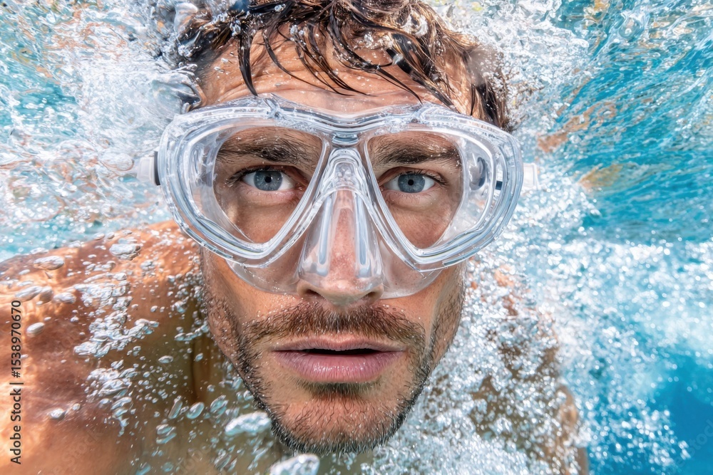 Fototapeta premium Man swimming underwater with diving mask, surrounded by bubbles, looking at camera.