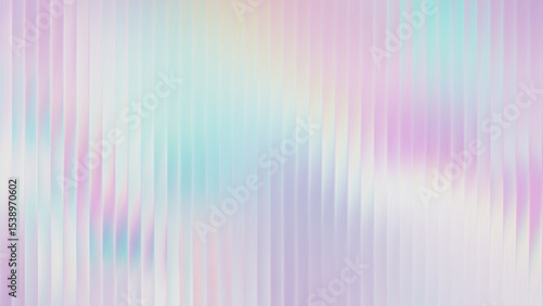 Ribbed glass with iridescent background and gradient abstract color metal foil. Hologram rainbow blue effect with glossy texture and pearlescent purple pearl. Pink transparent silver light on plastic