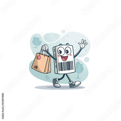 Shopping Barcode Mascot: A lively barcode character, personifying shopping with a cheerful expression, carries a shopping bag with glee, symbolizing consumerism and purchasing.
