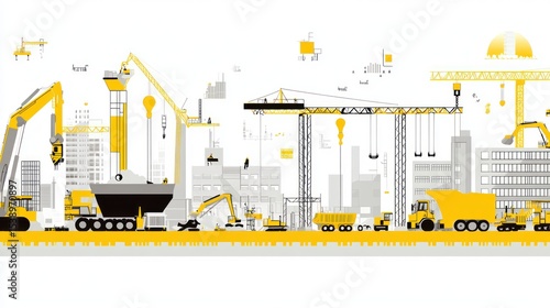 Animated yellow/gray construction site scene, cranes, vehicles, & buildings against white