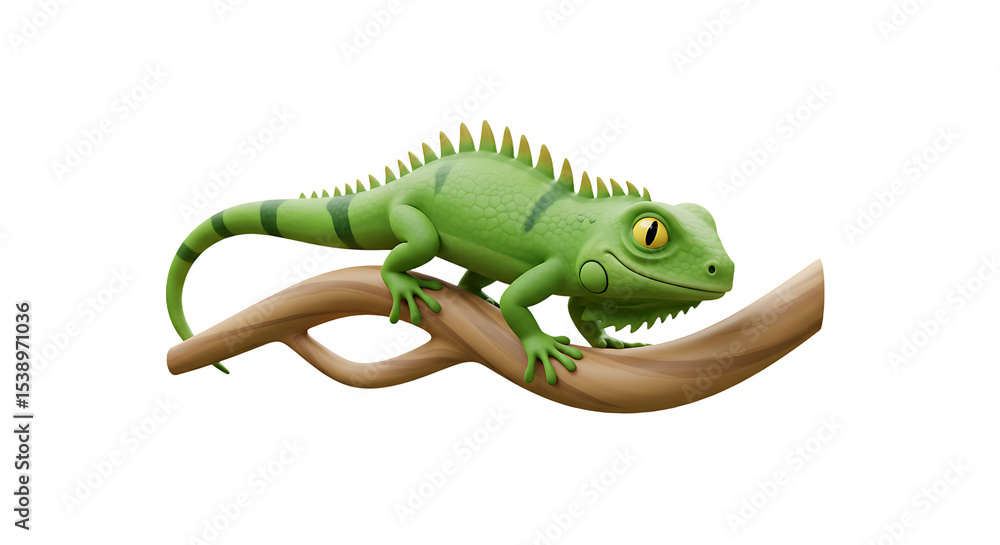 Fototapeta premium Cartoon Iguana Perched on a Branch: A Vibrant and Playful Reptilian Illustration