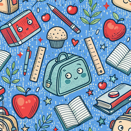 Whimsical back to school pattern featuring books apples pencils and lunch bag on blue backdrop