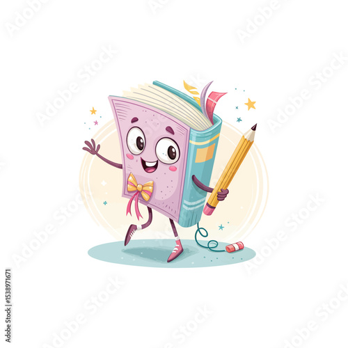 Whimsical Book Character: A cheerful cartoon book comes to life, pen in hand, ready to embark on a learning adventure!