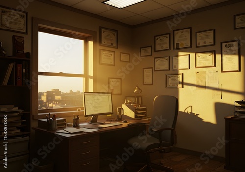 Sunrise Illuminates a Serene Office Workspace 3D Render of a Doctor's Office