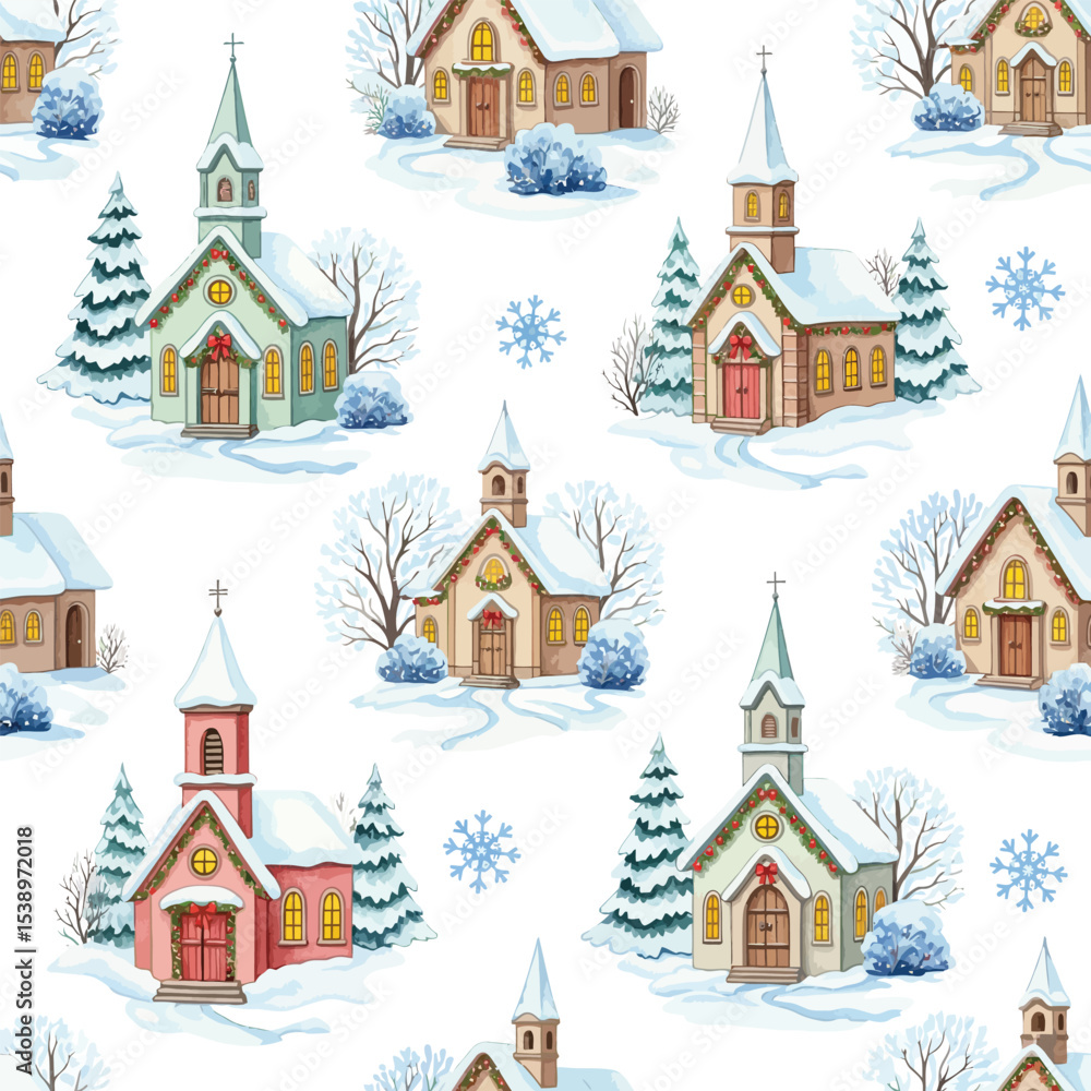 Fototapeta premium Watercolor Winter Village Seamless Pattern - Christmas Holiday Background