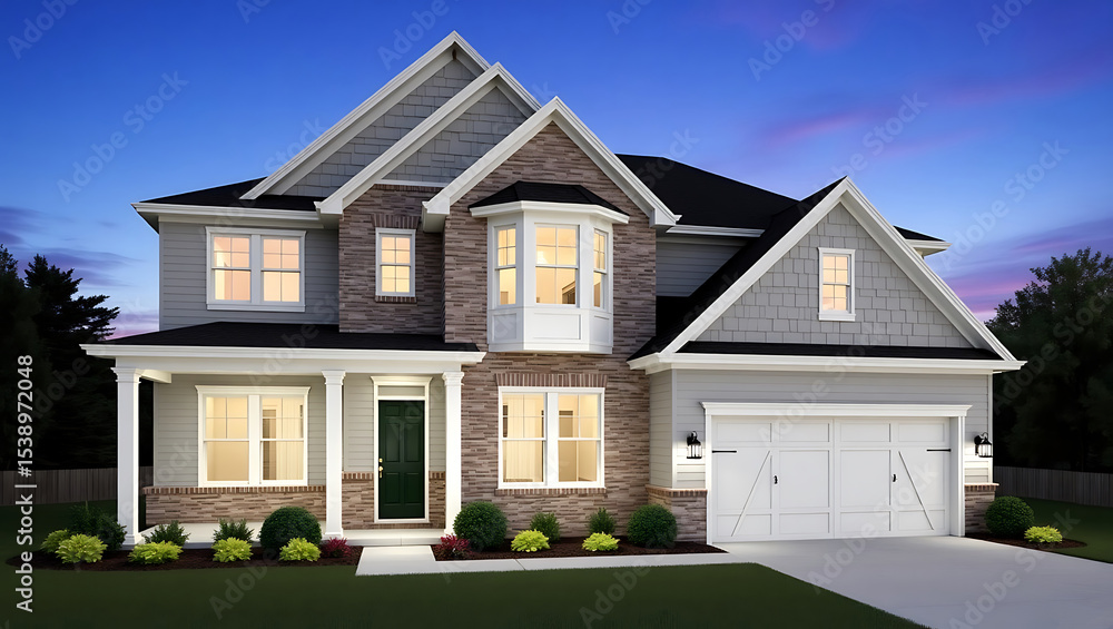 Stylish modern home at twilight, showcasing curb appeal. Stylish modern home at twilight, showcasing curb appeal.