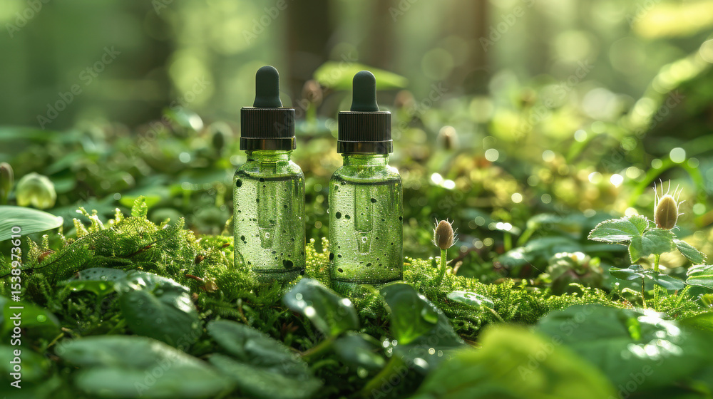 Two small cylindrical cosmetic bottles with dome tops rest on green grass under bright, dappled forest light—artful, serene composition with rich detail and depth of field... Two small cylindrical cosmetic bottles with dome tops rest on green grass under bright, dappled forest light—artful, serene composition with rich detail and depth of field...