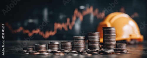 Coin stacks ascending against blurred stock graph and hard hat