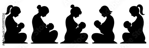 Mother breastfeeding her child, Mother's Day greeting illustration in black and white vector.
