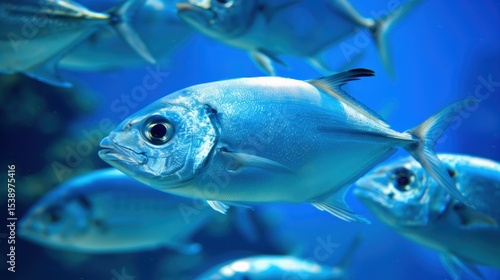 Bluefish gliding through azure depths, swimming together in synchronized marine ecosystem, highlighting underwater biodiversity