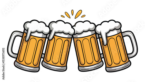 Four Beer Steins Toasting Foam Topping Yellow Amber mugs