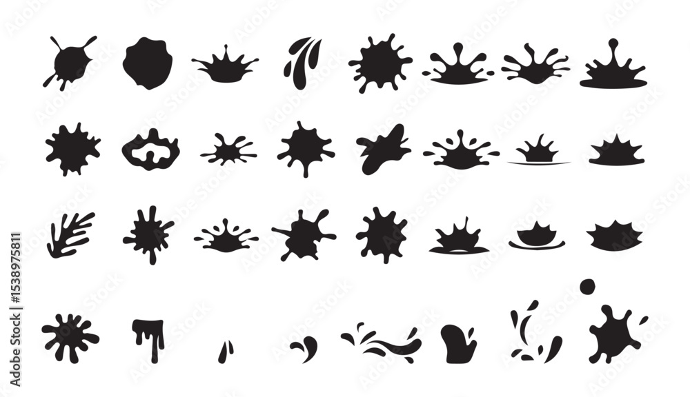 Naklejka premium Black Water Splash and Drop Silhouette Vector Set. Liquid Icons and Wave Elements. Victor illustration eps 10