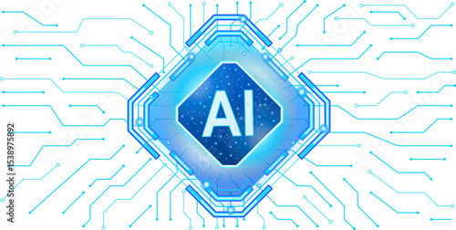 Elegant artificial intelligence chip icon on a digital circuit board background, AI rhombus integrated within a network of glowing circuit lines on a transparent background