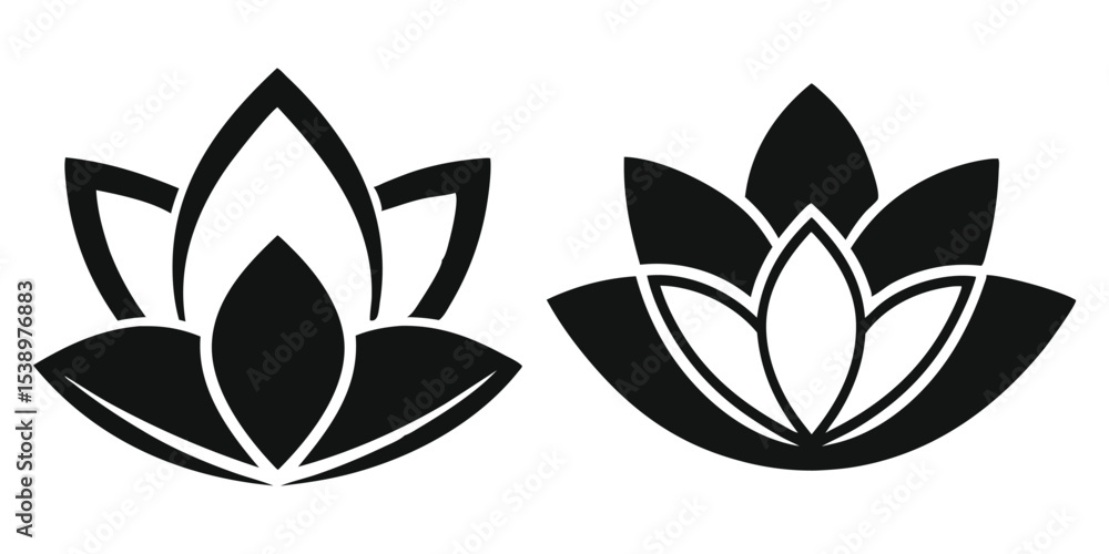 Lotus Flower Icon Set, Black Silhouette Vector for Yoga, Meditation, and Spiritual Wellness Logo On White Background Lotus Flower Icon Set, Black Silhouette Vector for Yoga, Meditation, and Spiritual Wellness Logo On White Background