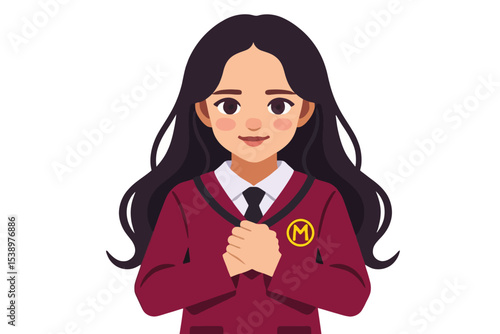 Cartoon Student Girl with Uniform - School Girl Illustration - Cute and Friendly Character with Long Hair and a Kind Expression - Girl Clasping Her Hands