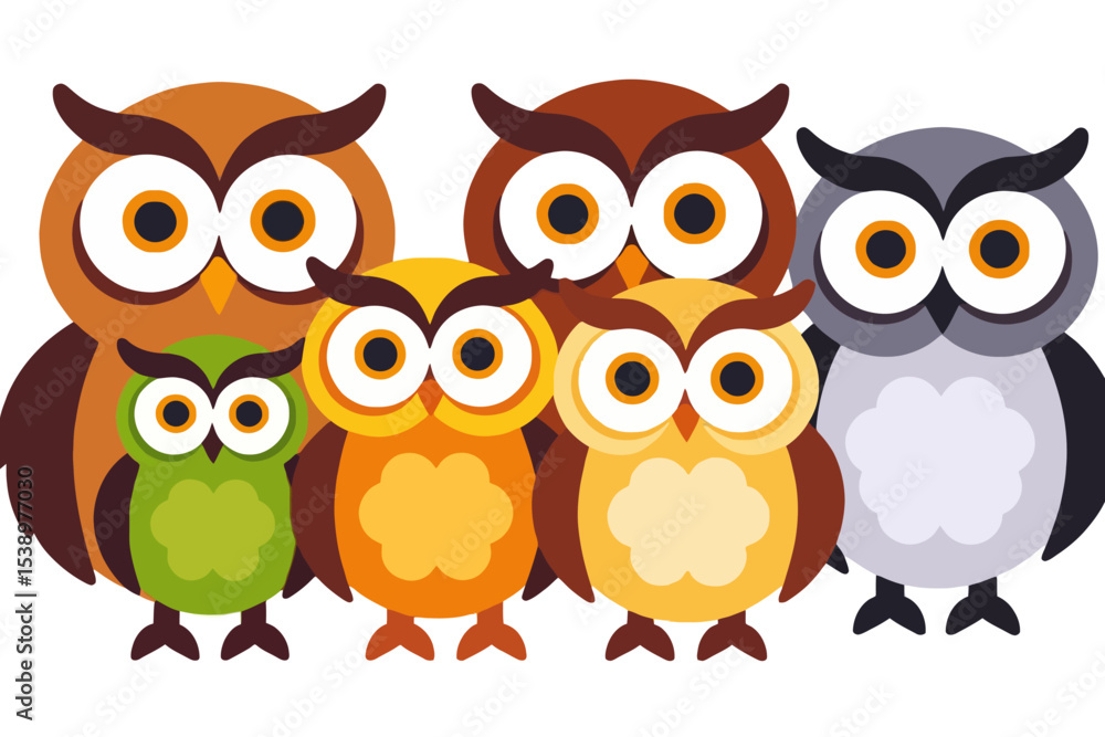 Fototapeta premium Colorful Owl Family Illustration-Cute Cartoon Owl Characters-Whimsical Bird Design-Educational Art for Kids-Owl Graphic Design-Animal Clipart-Funny Owl Image