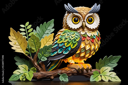 Colorful Owl Art-Deco Illustration on Branch- Whimsical Bird Sculpture with Intricate Feather Details- Perfect for Nature Art and Home Decor-Stylized Owl Artwork
