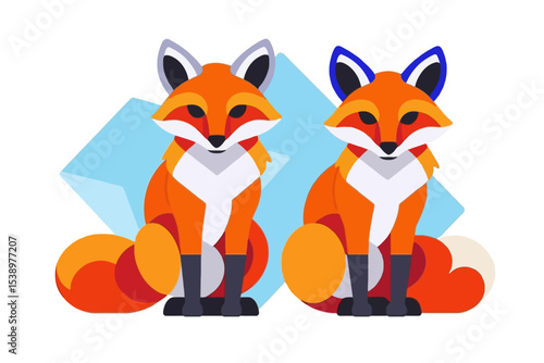 Cute Cartoon Foxes-Geometric Design with Bright Orange and White Fur-Adorable Animal Art Illustration-Digital Fox Clipart-Fox Themed Graphics for Kids-Whimsical Fox Art