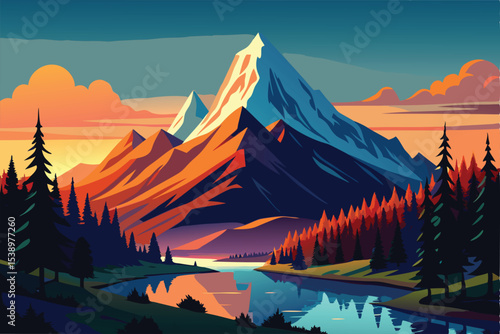 Majestic Mountain Peak at Sunset A Vibrant Landscape Illustration