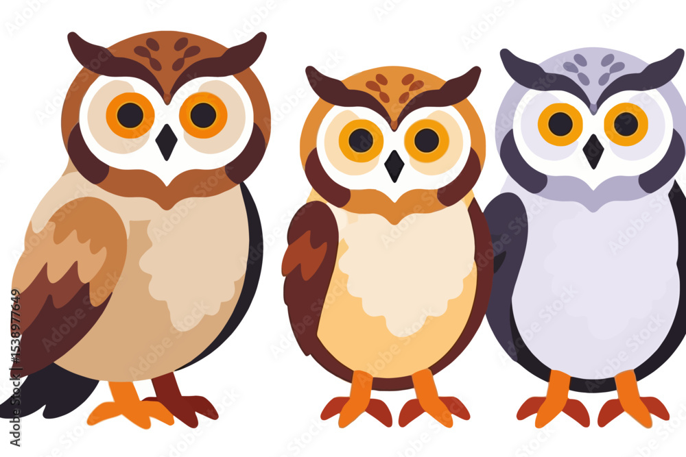 Fototapeta premium Cute Owl Illustration-Cartoon Owl Family-Three Owls Standing Together-Animal Graphics for Kids-Whimsical Owl Art-Colorful Owls for Children-Educational Owl Image
