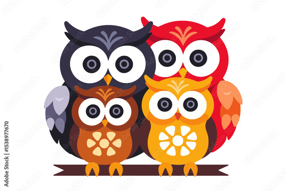 Fototapeta premium Cute Owl Family Illustration-Cartoon Owl Characters-Colorful Owl Graphic Design-Perfect for Kids-Whimsical Owl Art-Owl Vector Image-Family of Owls on Branch