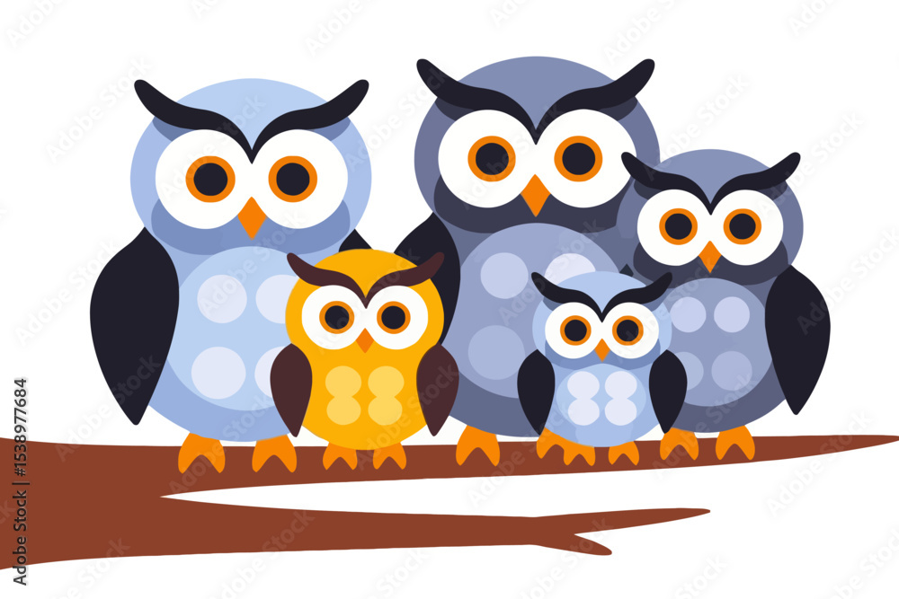 Obraz premium Cute Owl Family Illustration- Whimsical Cartoon Owls on a Branch- Adorable Bird Art for Kids- Owl Theme Decor- Vector Graphics for Crafts and Designs