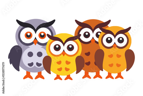 Cute Owl Family Vector Illustration-Cartoon Owls in Yellow Brown & Grey Colors-Perfect for Kids Designs & Educational Materials