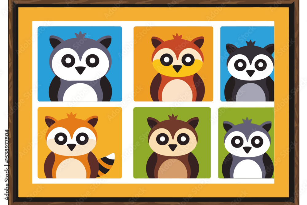 Fototapeta premium Cute Cartoon Raccoons Wall Art Print-Colorful Playful Animal Illustration for Nursery-Perfect Decor for Kids Room-Whimsical Raccoon Family Artwork-Fun Nature Inspired Art