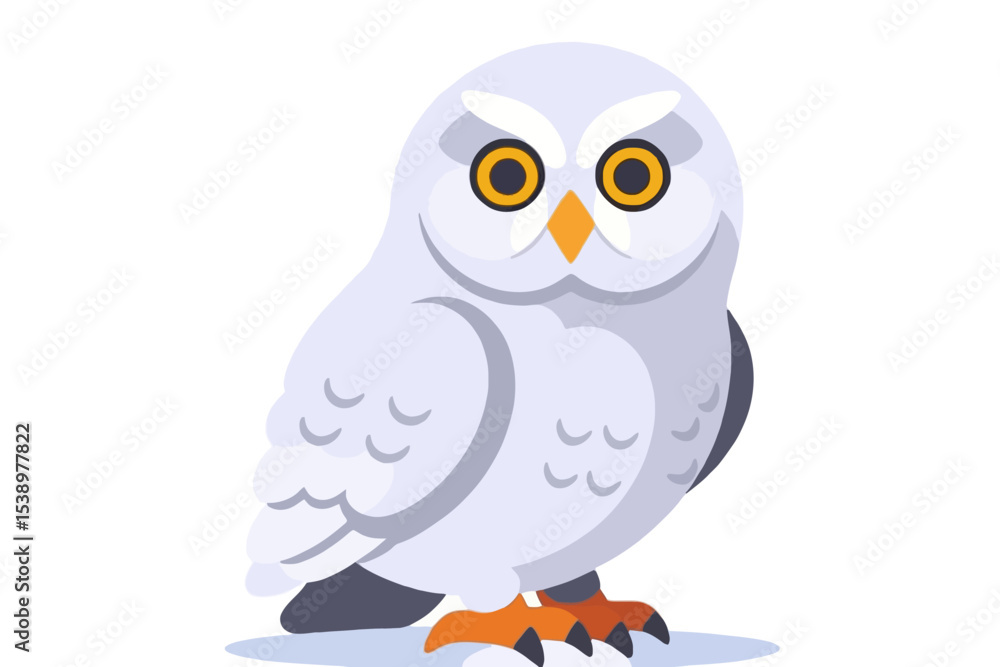 Naklejka premium Cute Cartoon Snowy Owl Illustration-Adorable Bird with Yellow Eyes and Orange Beak-Vector Graphic for Kids and Wildlife Themes-Owl Art Print