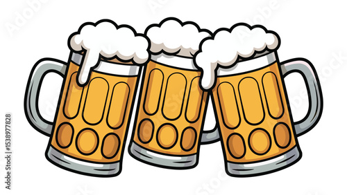 Three Beer Steins Toasting Foam Topping Yellow Amber mugs
