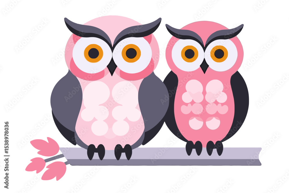Obraz premium Cute Pink Owls Sitting Together- Adorable Owl Illustration- Cartoon Owl Couple on Branch- Whimsical Animal Art- Playful Pink and Gray Owls Image