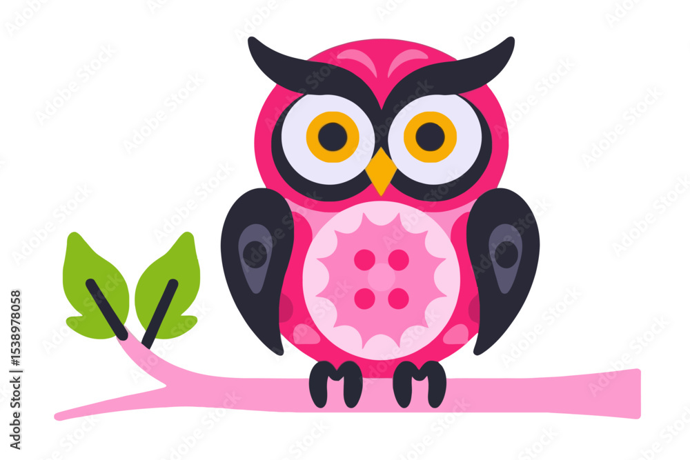 Obraz premium Cute Pink Owl Cartoon on Branch- Whimsical Bird Illustration- Adorable Animal Art for Kids- Nature Inspired Graphic Design- Childrens Room Decor Idea